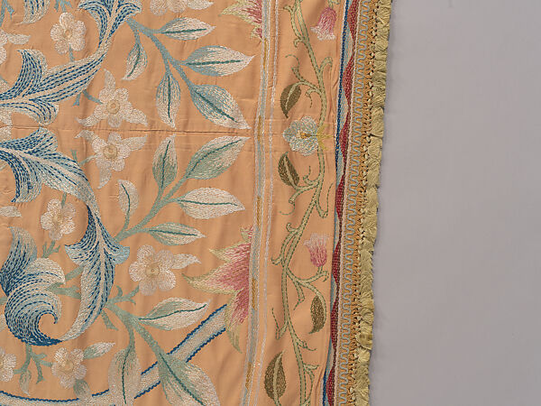 "Lotus" pattern bedcover or hanging, Design and embroidery possibly by May Morris (British, Bexley, Kent 1862–1938), Silk embroidery on woven silk foundation silk, with fringed trim, British