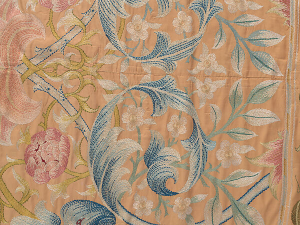 "Lotus" pattern bedcover or hanging, Design and embroidery possibly by May Morris (British, Bexley, Kent 1862–1938), Silk embroidery on woven silk foundation silk, with fringed trim, British