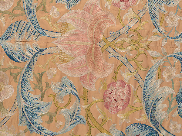 "Lotus" pattern bedcover or hanging, Design and embroidery possibly by May Morris (British, Bexley, Kent 1862–1938), Silk embroidery on woven silk foundation silk, with fringed trim, British