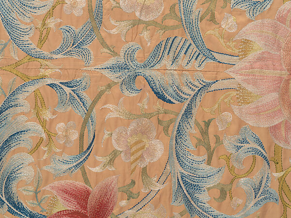 "Lotus" pattern bedcover or hanging, Design and embroidery possibly by May Morris (British, Bexley, Kent 1862–1938), Silk embroidery on woven silk foundation silk, with fringed trim, British