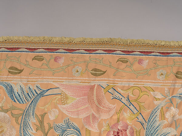 "Lotus" pattern bedcover or hanging, Design and embroidery possibly by May Morris (British, Bexley, Kent 1862–1938), Silk embroidery on woven silk foundation silk, with fringed trim, British