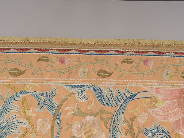 "Lotus" pattern bedcover or hanging, Design and embroidery possibly by May Morris (British, Bexley, Kent 1862–1938), Silk embroidery on woven silk foundation silk, with fringed trim, British