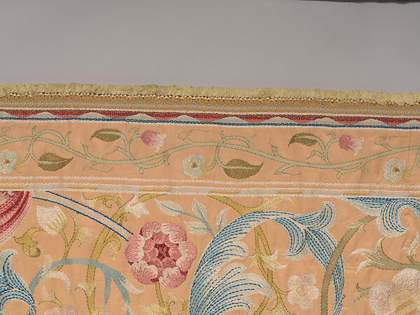 "Lotus" pattern bedcover or hanging, Design and embroidery possibly by May Morris (British, Bexley, Kent 1862–1938), Silk embroidery on woven silk foundation silk, with fringed trim, British