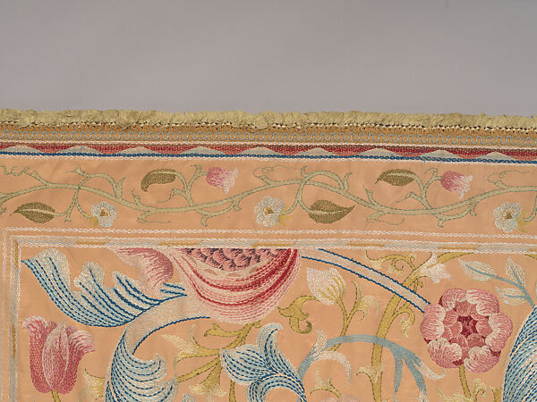 "Lotus" pattern bedcover or hanging, Design and embroidery possibly by May Morris (British, Bexley, Kent 1862–1938), Silk embroidery on woven silk foundation silk, with fringed trim, British