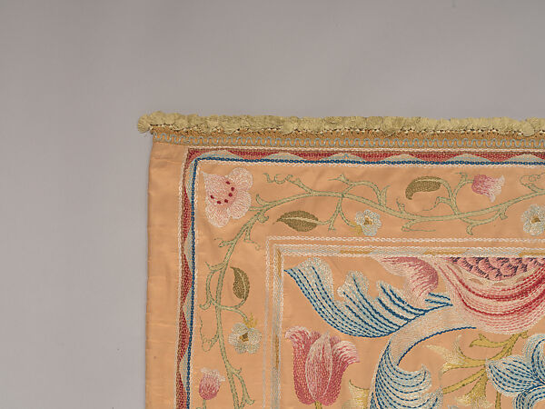 "Lotus" pattern bedcover or hanging, Design and embroidery possibly by May Morris (British, Bexley, Kent 1862–1938), Silk embroidery on woven silk foundation silk, with fringed trim, British