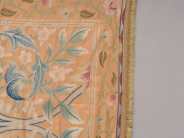 "Lotus" pattern bedcover or hanging, Design and embroidery possibly by May Morris (British, Bexley, Kent 1862–1938), Silk embroidery on woven silk foundation silk, with fringed trim, British