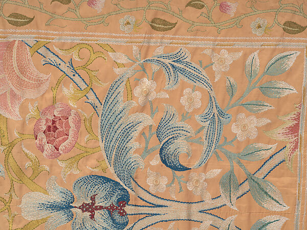 "Lotus" pattern bedcover or hanging, Design and embroidery possibly by May Morris (British, Bexley, Kent 1862–1938), Silk embroidery on woven silk foundation silk, with fringed trim, British