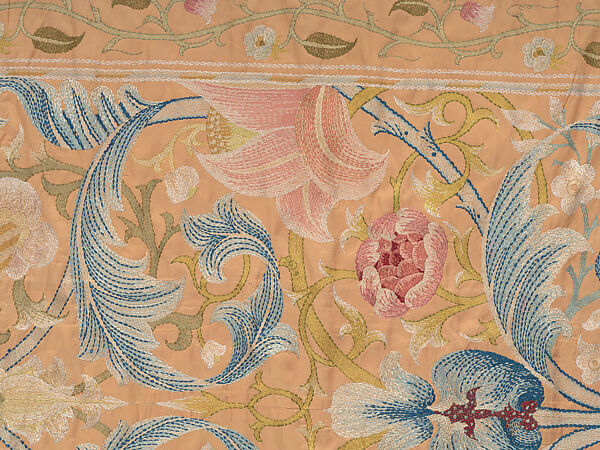 "Lotus" pattern bedcover or hanging, Design and embroidery possibly by May Morris (British, Bexley, Kent 1862–1938), Silk embroidery on woven silk foundation silk, with fringed trim, British