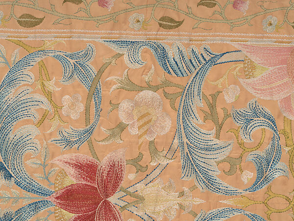 "Lotus" pattern bedcover or hanging, Design and embroidery possibly by May Morris (British, Bexley, Kent 1862–1938), Silk embroidery on woven silk foundation silk, with fringed trim, British