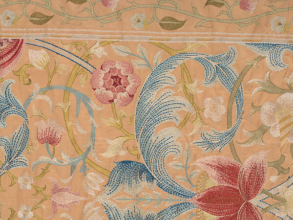 "Lotus" pattern bedcover or hanging, Design and embroidery possibly by May Morris (British, Bexley, Kent 1862–1938), Silk embroidery on woven silk foundation silk, with fringed trim, British