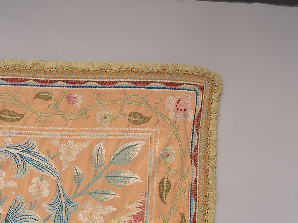 "Lotus" pattern bedcover or hanging, Design and embroidery possibly by May Morris (British, Bexley, Kent 1862–1938), Silk embroidery on woven silk foundation silk, with fringed trim, British