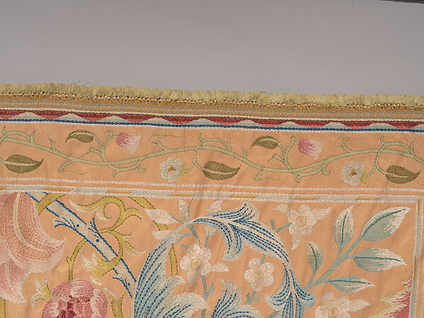 "Lotus" pattern bedcover or hanging, Design and embroidery possibly by May Morris (British, Bexley, Kent 1862–1938), Silk embroidery on woven silk foundation silk, with fringed trim, British