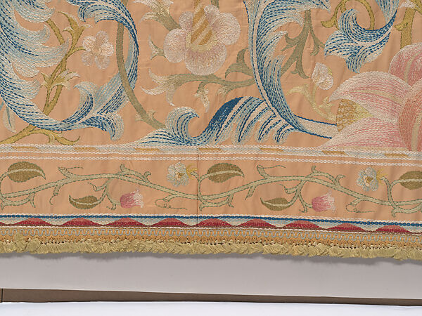 "Lotus" pattern bedcover or hanging, Design and embroidery possibly by May Morris (British, Bexley, Kent 1862–1938), Silk embroidery on woven silk foundation silk, with fringed trim, British