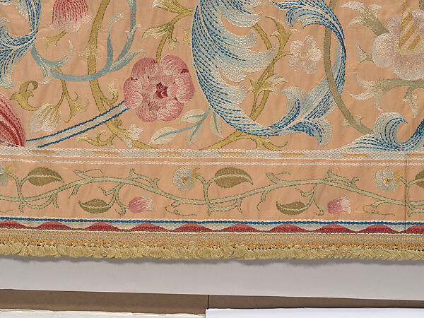 "Lotus" pattern bedcover or hanging, Design and embroidery possibly by May Morris (British, Bexley, Kent 1862–1938), Silk embroidery on woven silk foundation silk, with fringed trim, British