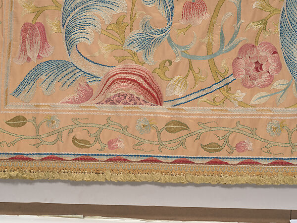 "Lotus" pattern bedcover or hanging, Design and embroidery possibly by May Morris (British, Bexley, Kent 1862–1938), Silk embroidery on woven silk foundation silk, with fringed trim, British