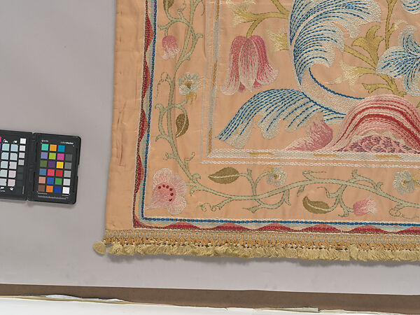 "Lotus" pattern bedcover or hanging, Design and embroidery possibly by May Morris (British, Bexley, Kent 1862–1938), Silk embroidery on woven silk foundation silk, with fringed trim, British