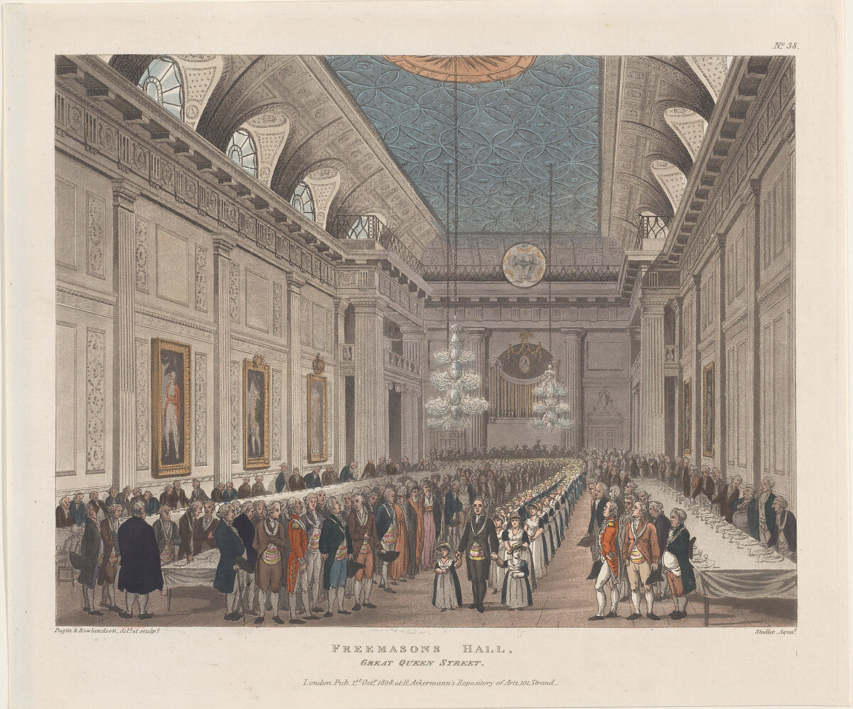 Freemasons' Hall, Great Queen Street, Designed and etched by Thomas Rowlandson (British, London 1757–1827 London), Hand-colored etching and aquatint 