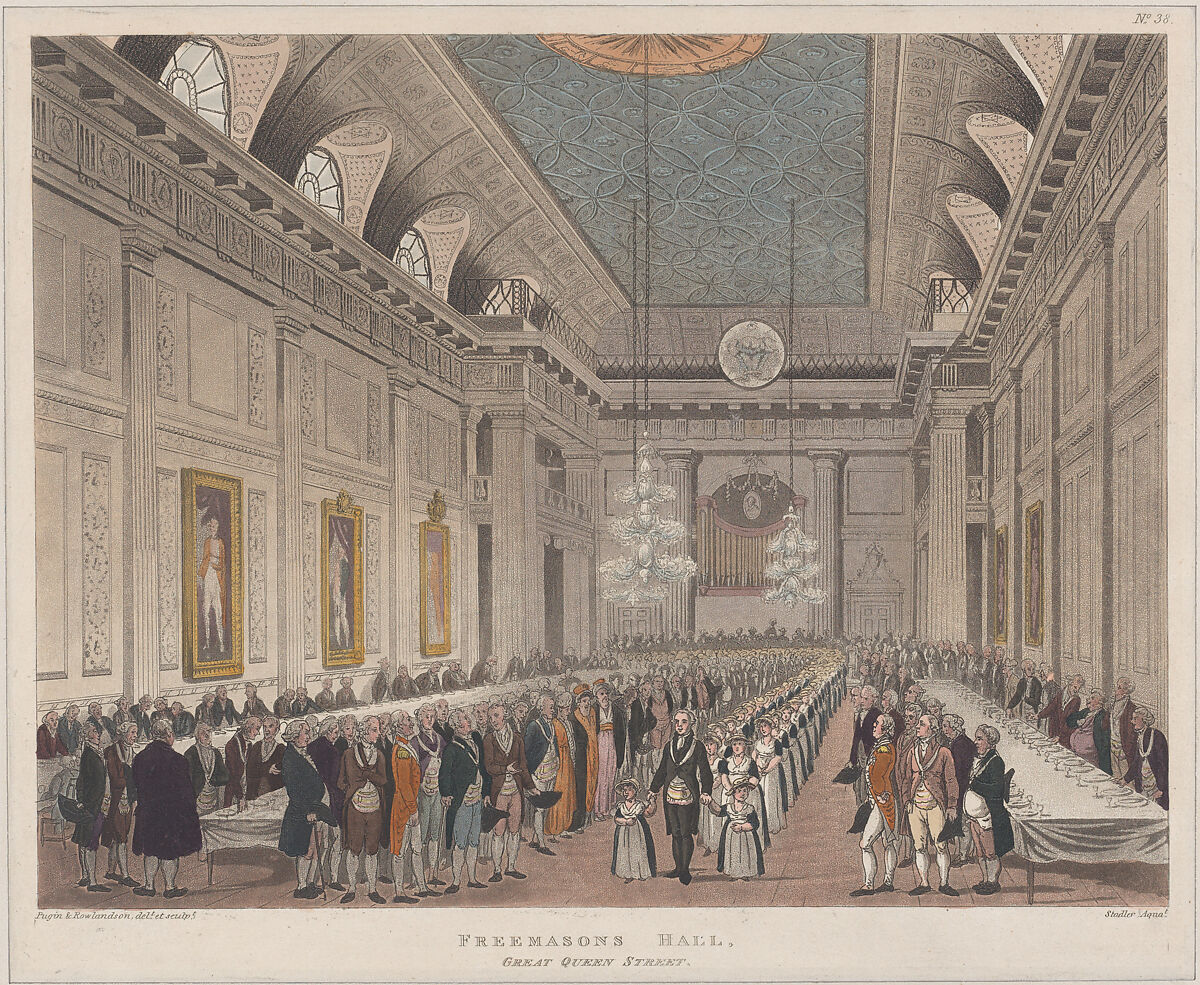 Freemasons' Hall, Great Queen Street, Designed and etched by Thomas Rowlandson (British, London 1757–1827 London), Hand-colored etching and aquatint 
