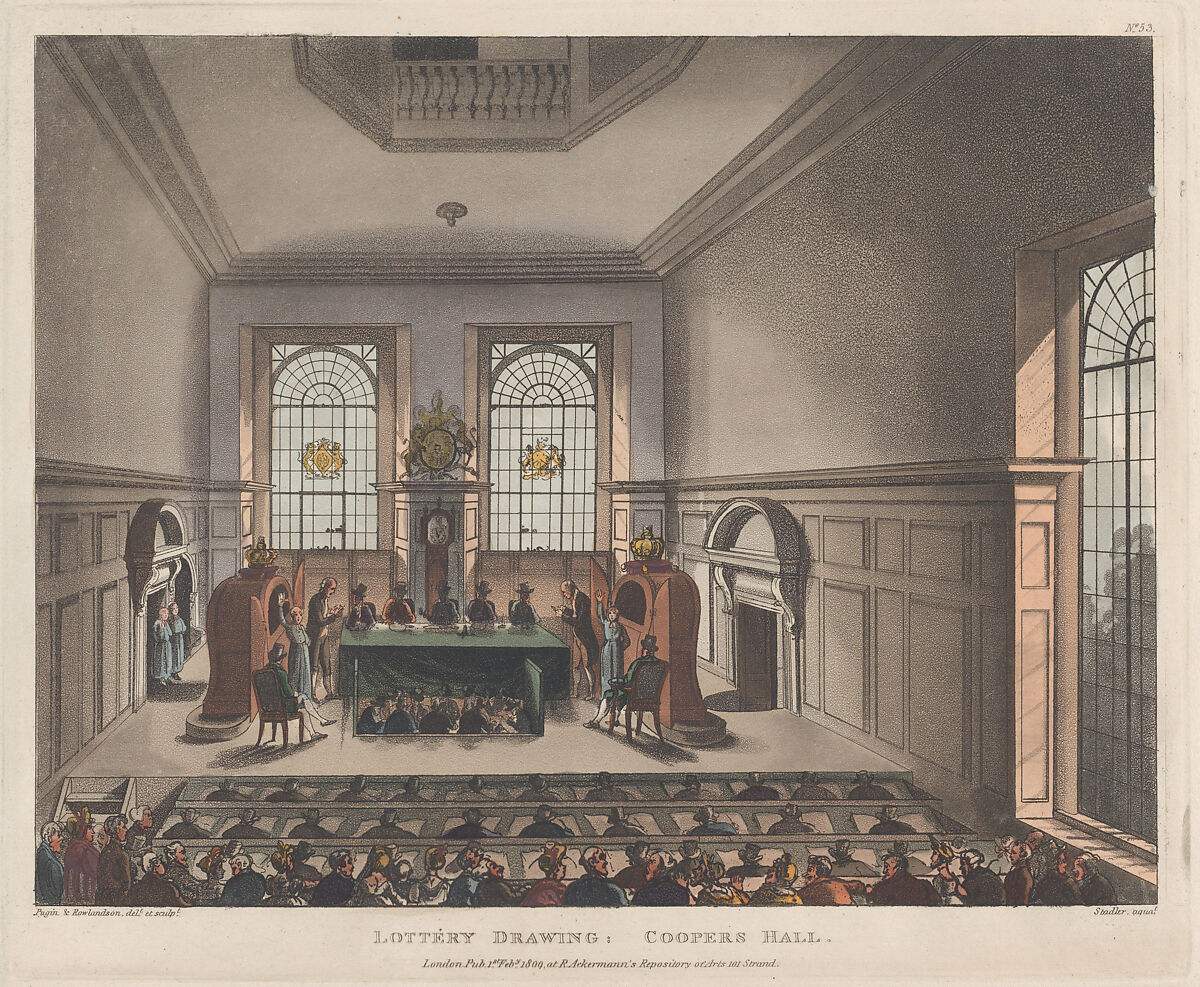Lottery Drawing, Coopers Hall, Designed and etched by Thomas Rowlandson (British, London 1757–1827 London), Hand-colored etching and aquatint 