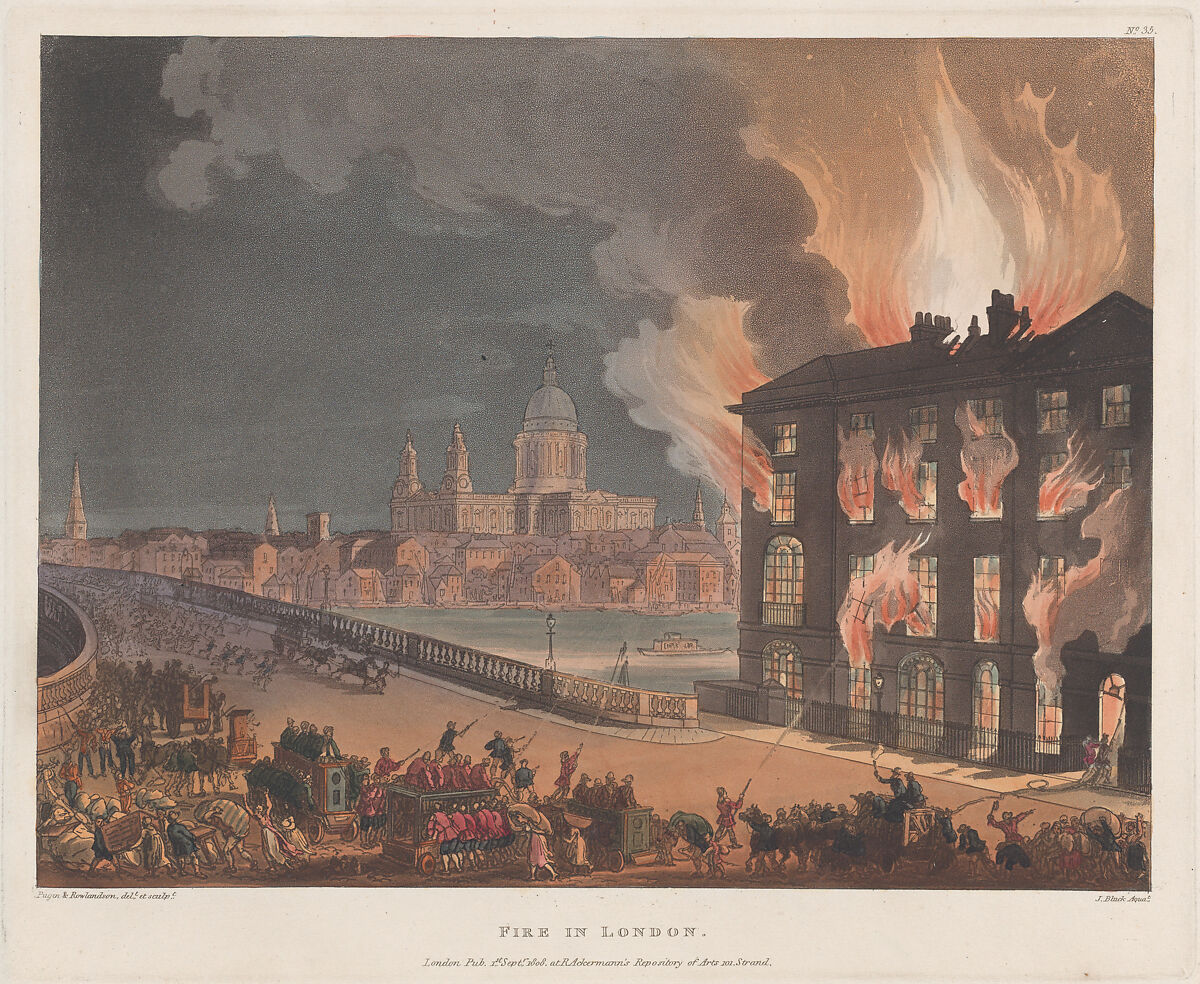 Fire in London, Designed and etched by Thomas Rowlandson (British, London 1757–1827 London), Hand-colored etching and aquatint 