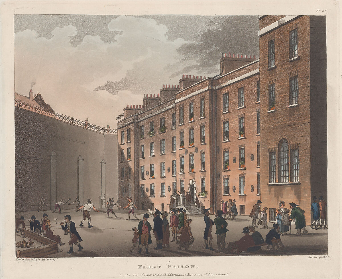 Fleet Prison, Designed and etched by Thomas Rowlandson (British, London 1757–1827 London), Hand-colored etching and aquatint 
