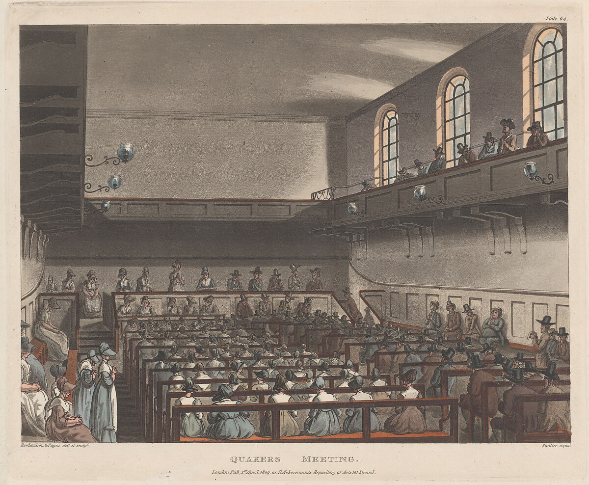 Quakers Meeting, Designed and etched by Thomas Rowlandson (British, London 1757–1827 London), Hand-colored etching and aquatint 