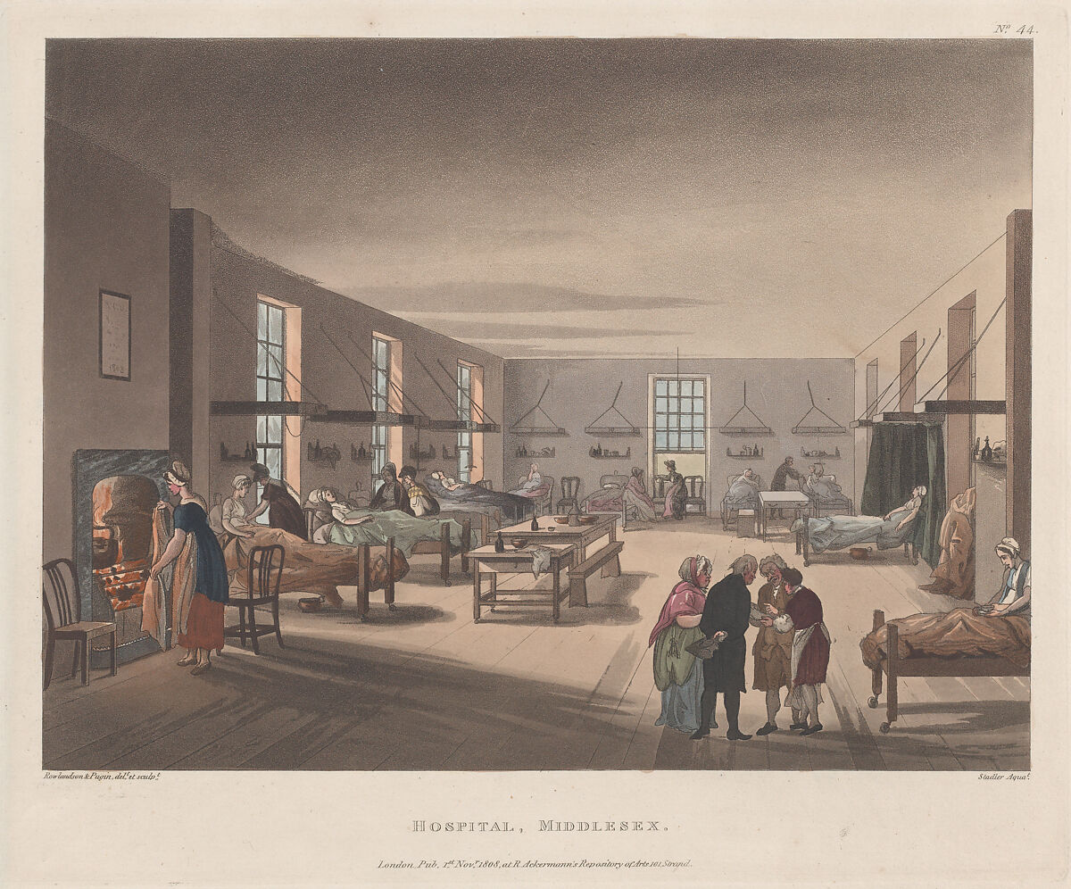 Hospital, Middlesex, Designed and etched by Thomas Rowlandson (British, London 1757–1827 London), Hand-colored etching and aquatint 