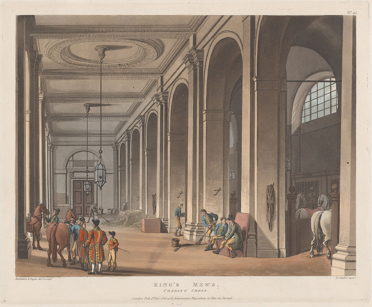 King's Mews, Charing Cross, Designed and etched by Thomas Rowlandson (British, London 1757–1827 London), Hand-colored etching and aquatint 