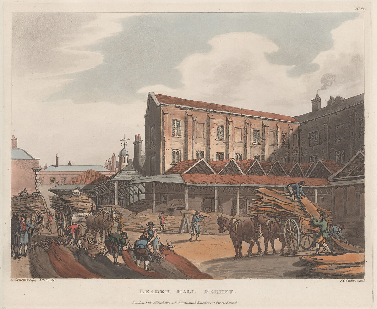 Leaden Hall Market, Designed and etched by Thomas Rowlandson (British, London 1757–1827 London), Hand-colored etching and aquatint 