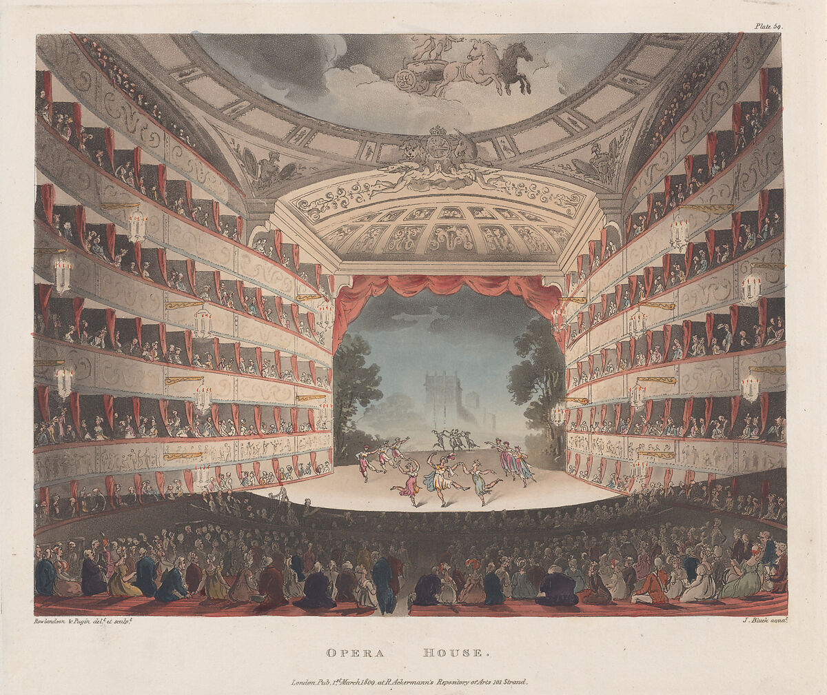 Opera House, Designed and etched by Thomas Rowlandson (British, London 1757–1827 London), Hand-colored etching and aquatint 