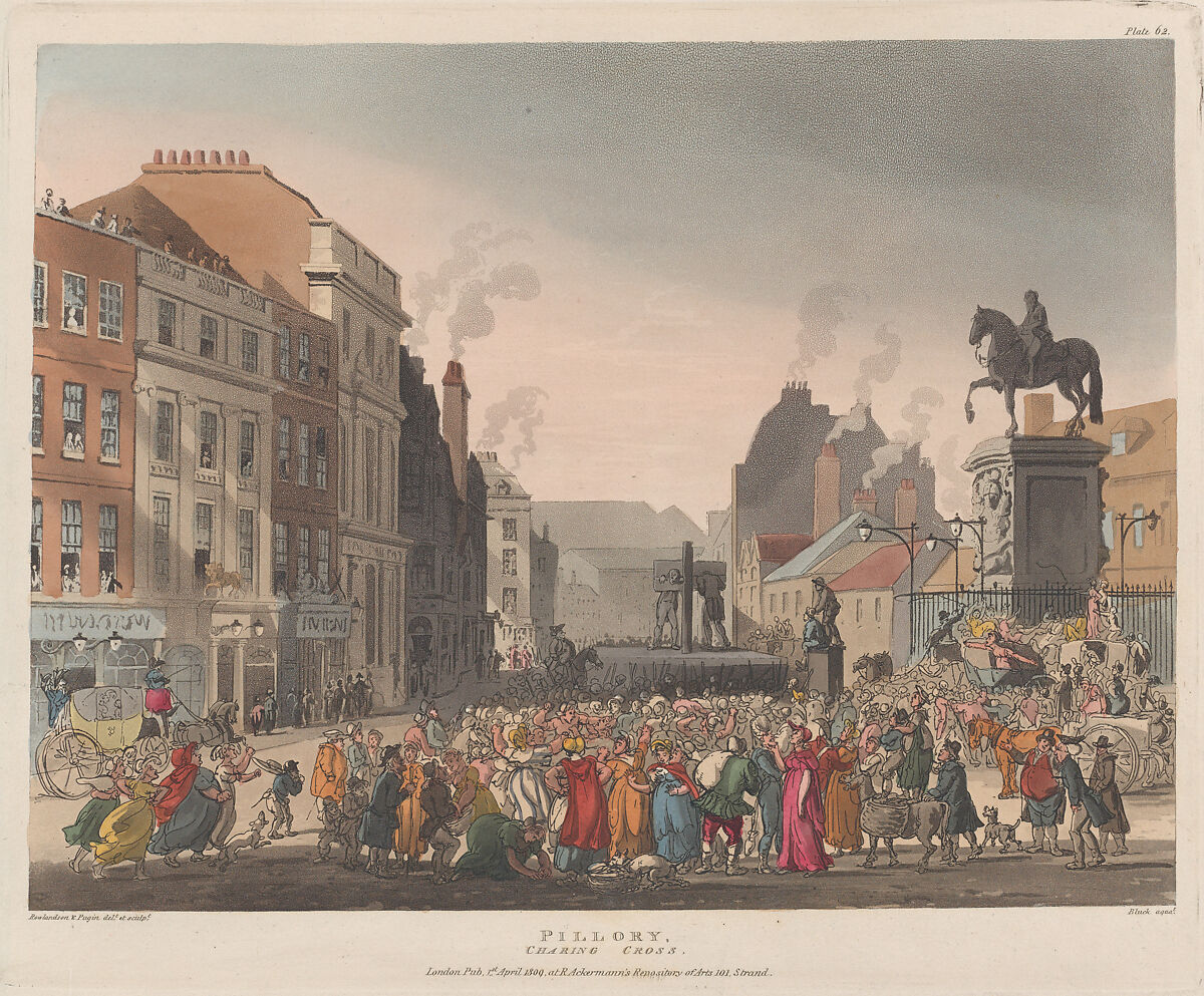 Pillory, Charing Cross, Designed and etched by Thomas Rowlandson (British, London 1757–1827 London), Hand-colored etching and aquatint 