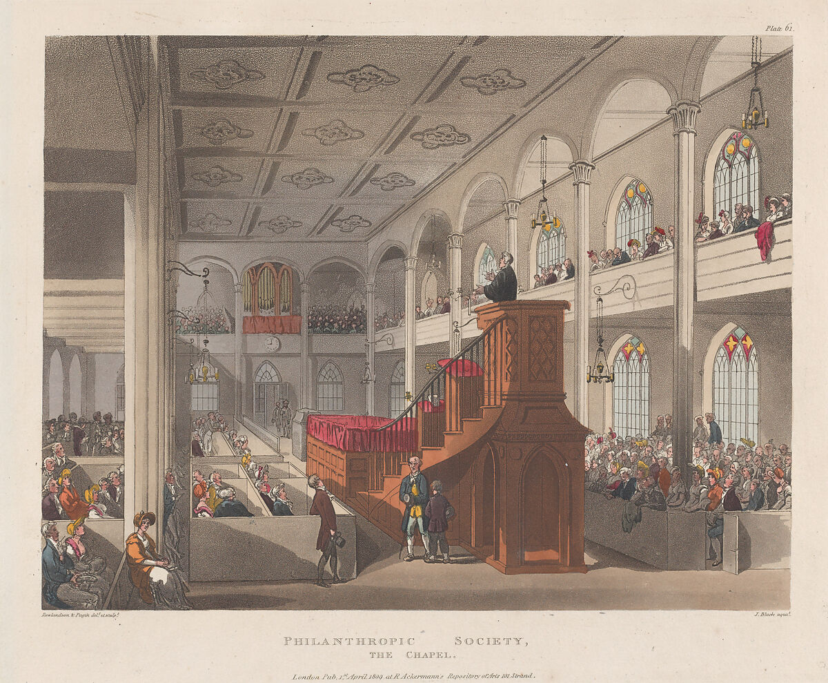 Philanthropic Society, The Chapel, Designed and etched by Thomas Rowlandson (British, London 1757–1827 London), Hand-colored etching and aquatint 