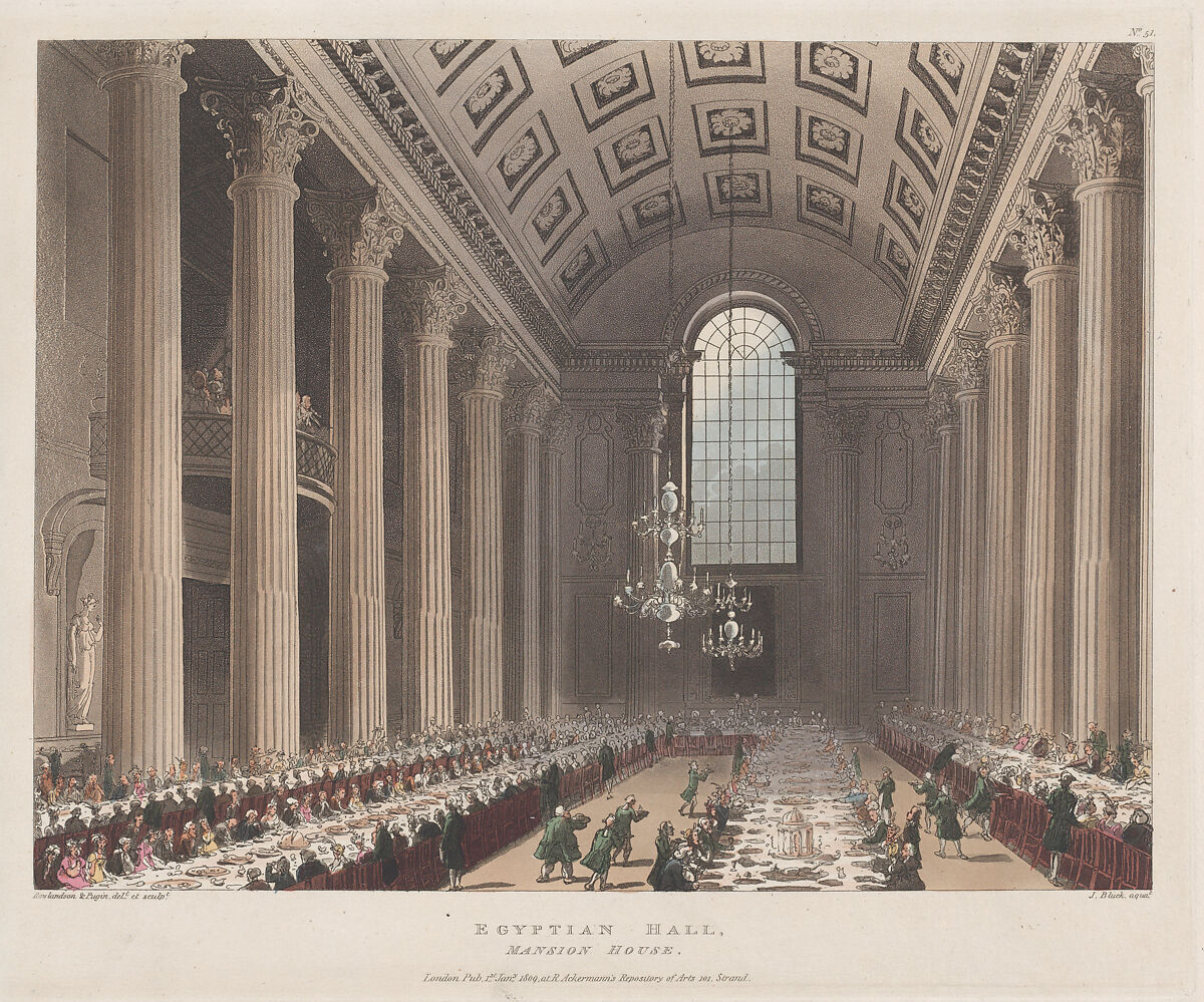 Egyptian Hall, Mansion House, Designed and etched by Thomas Rowlandson (British, London 1757–1827 London), Hand-colored etching and aquatint 