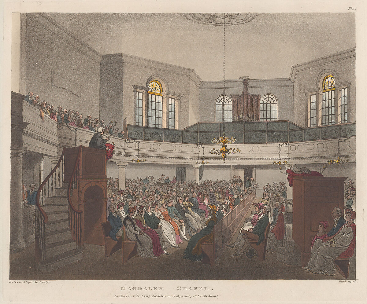 Magdalen Chapel, Designed and etched by Thomas Rowlandson (British, London 1757–1827 London), Hand-colored etching and aquatint 