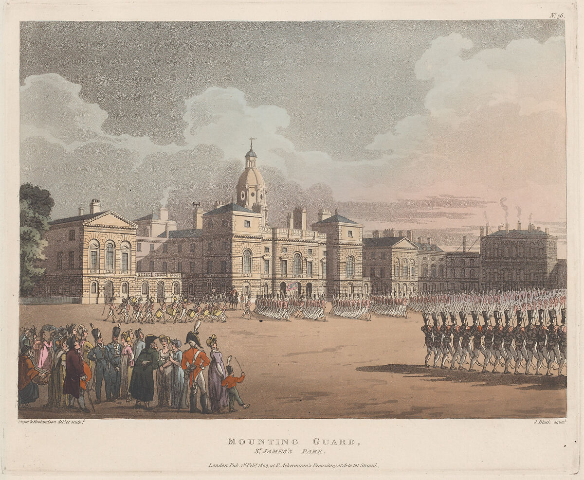 Mounting Guard, St. James's Park, Designed and etched by Thomas Rowlandson (British, London 1757–1827 London), Hand-colored etching and aquatint 