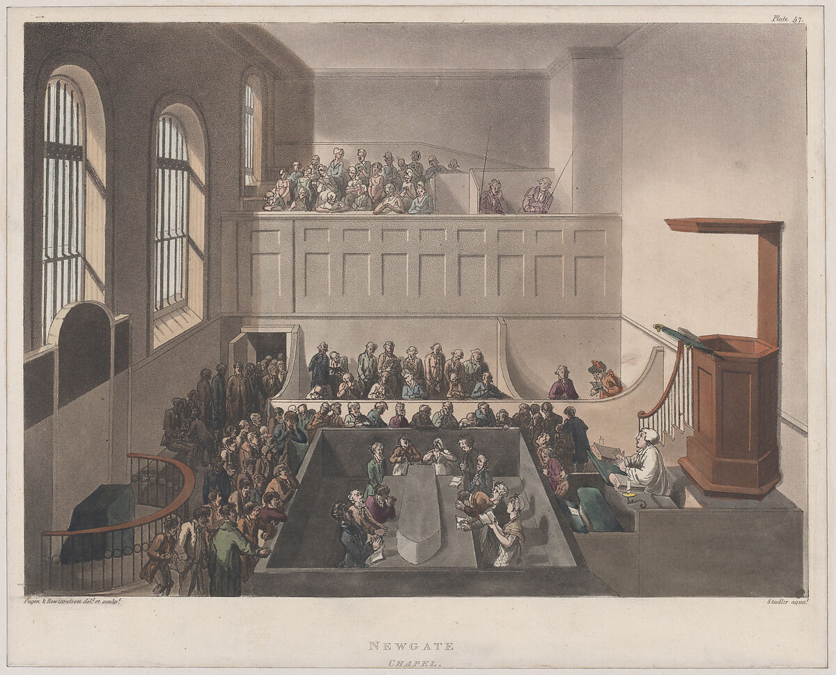 Newgate Chapel, Designed and etched by Thomas Rowlandson (British, London 1757–1827 London), Hand-colored etching and aquatint 