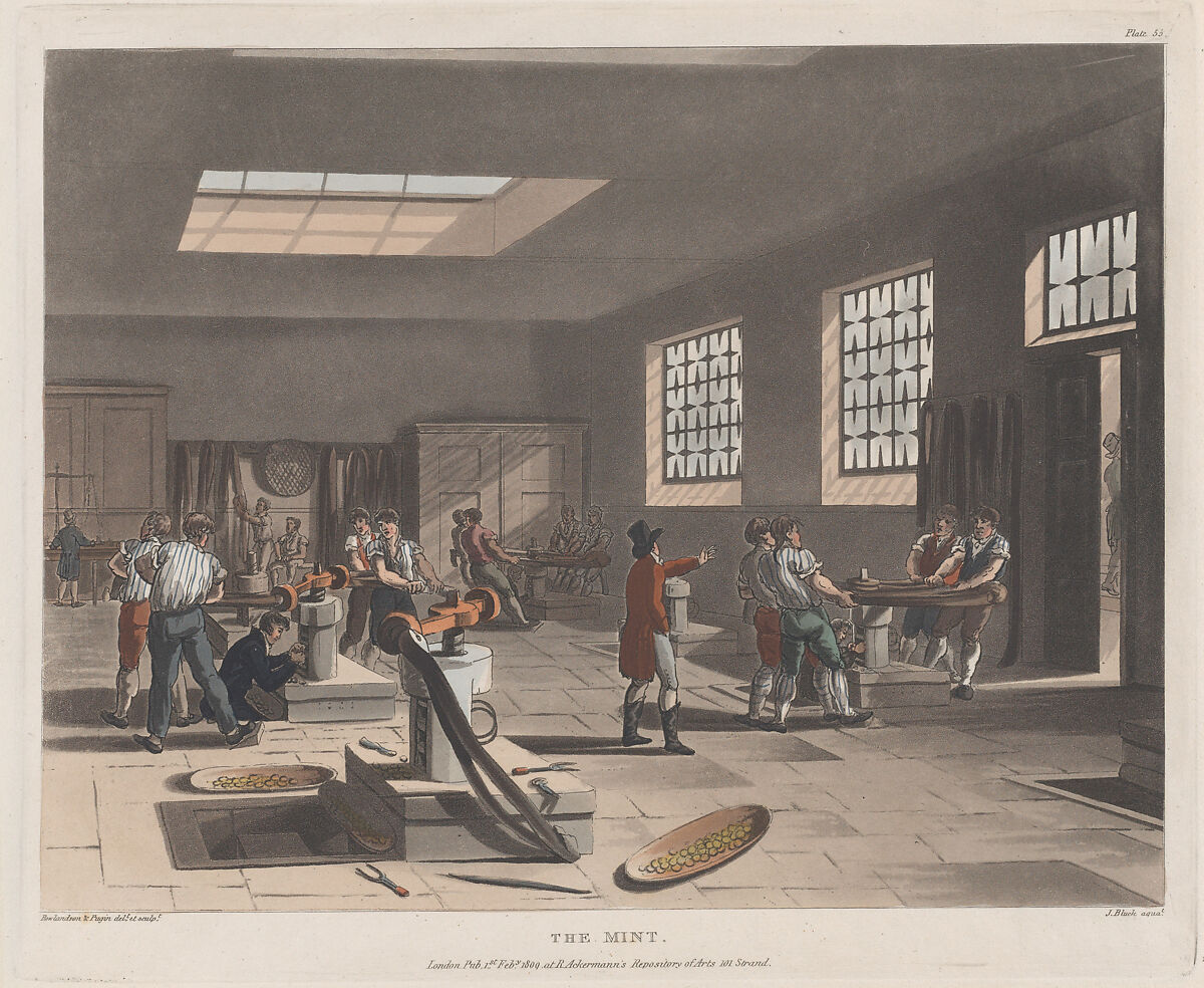 The Mint, Designed and etched by Thomas Rowlandson (British, London 1757–1827 London), Hand-colored etching and aquatint 