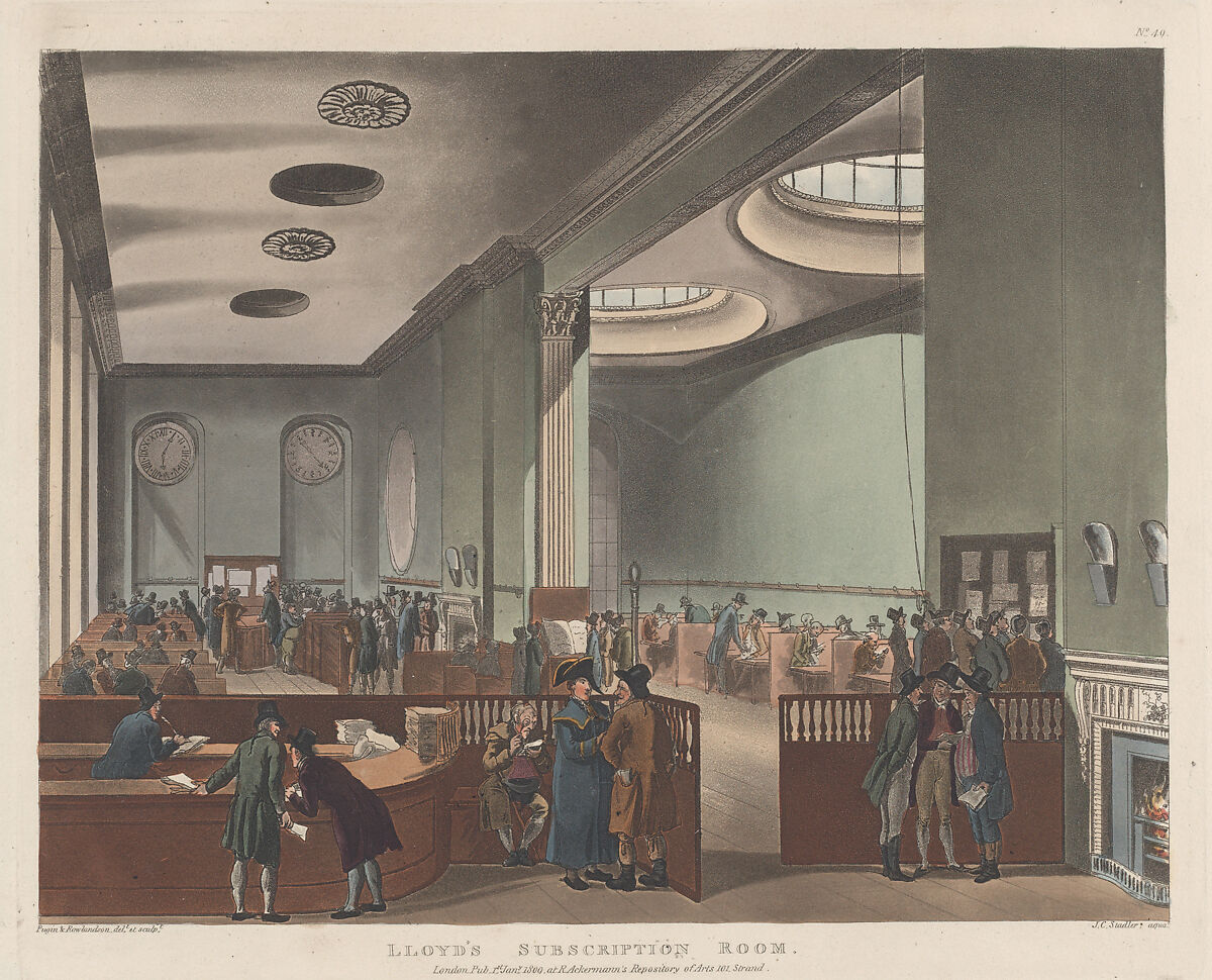 Lloyd's Subscription Room, Designed and etched by Thomas Rowlandson (British, London 1757–1827 London), Hand-colored etching and aquatint 