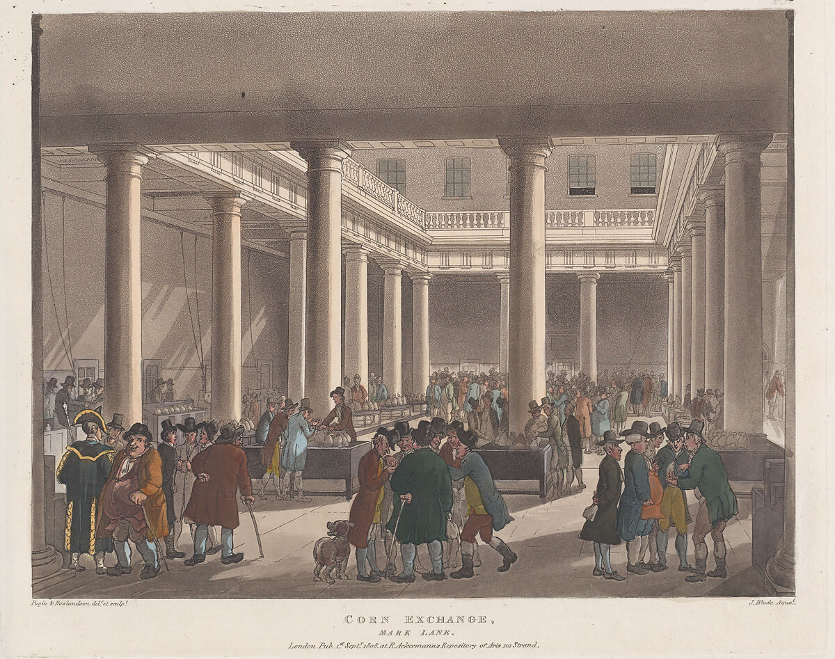Corn Exchange, Mark Lane, Designed and etched by Thomas Rowlandson (British, London 1757–1827 London), Hand-colored etching and aquatint 