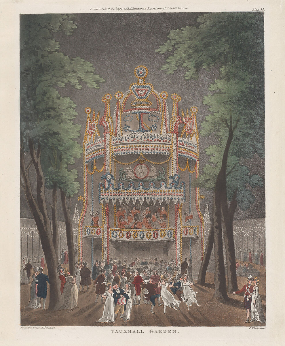 Vauxhall Garden, Designed and etched by Thomas Rowlandson (British, London 1757–1827 London), Hand-colored etching and aquatint 