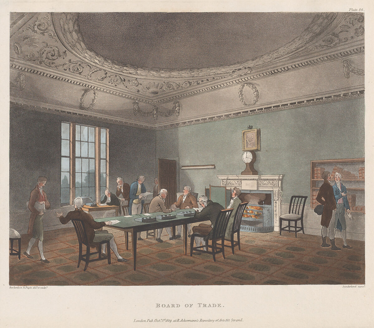 Board of Trade, Designed and etched by Thomas Rowlandson (British, London 1757–1827 London), Hand-colored etching and aquatint 