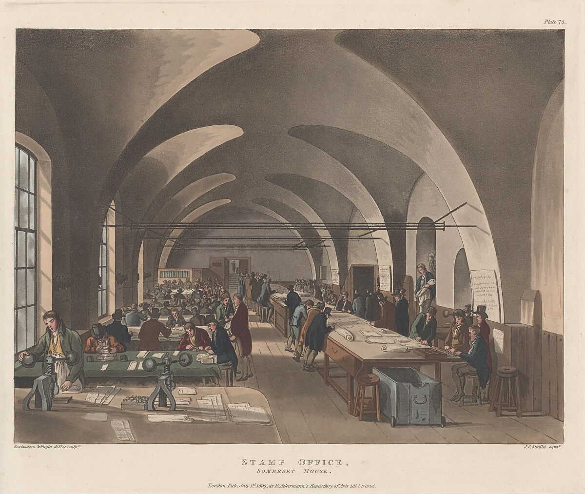 Stamp Office, Sommerset House, Designed and etched by Thomas Rowlandson (British, London 1757–1827 London), Hand-colored etching and aquatint 