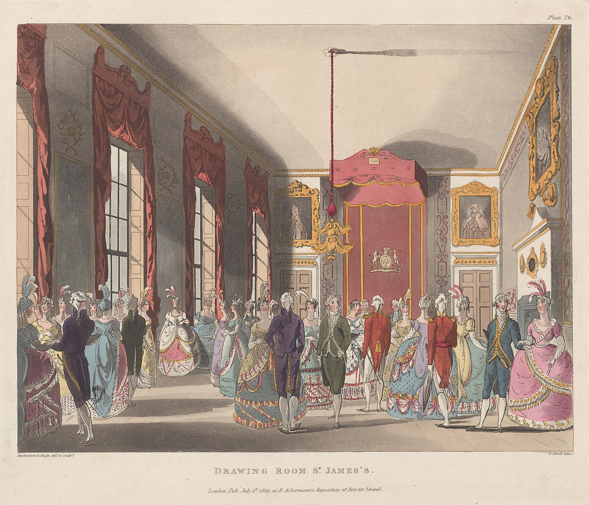 Drawing Room St James's, Designed and etched by Thomas Rowlandson (British, London 1757–1827 London), Hand-colored etching and aquatint 