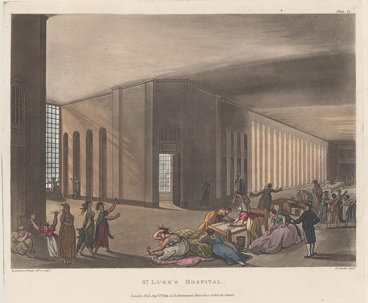 St Luke's Hospital, Designed and etched by Thomas Rowlandson (British, London 1757–1827 London), Hand-colored etching and aquatint 