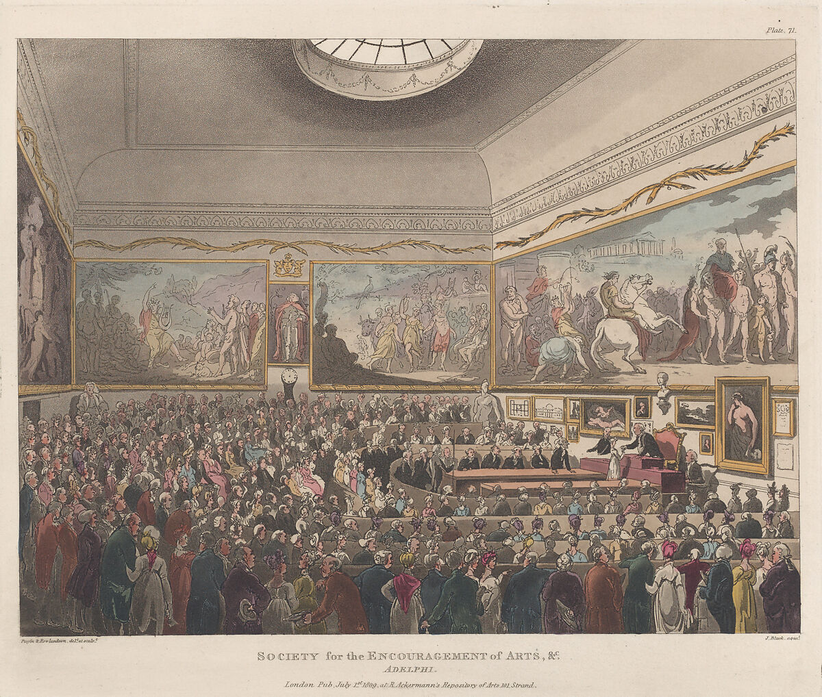 Society for the Encouragement of Arts etc., Adelphi, Designed and etched by Thomas Rowlandson (British, London 1757–1827 London), Hand-colored etching and aquatint 