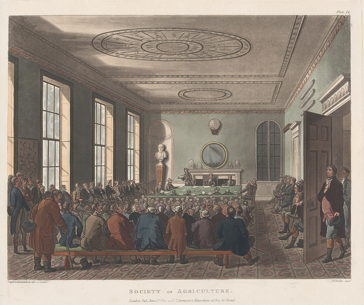 Society of Agriculture, Designed and etched by Thomas Rowlandson (British, London 1757–1827 London), Hand-colored etching and aquatint 