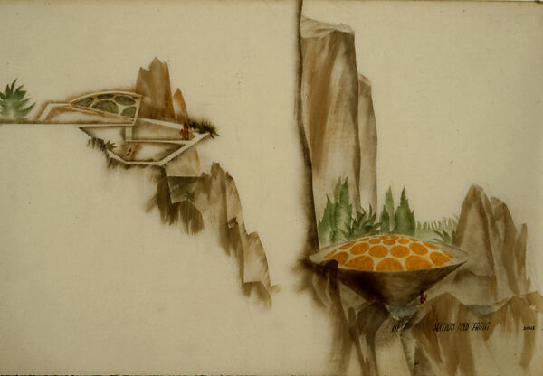 Section and Front Elevation, Arizona Nest (project), Paolo Soleri (American (born Italy), Turin 1919–2013 Paradise Valley, Arizona), Watercolor and graphite on paper 