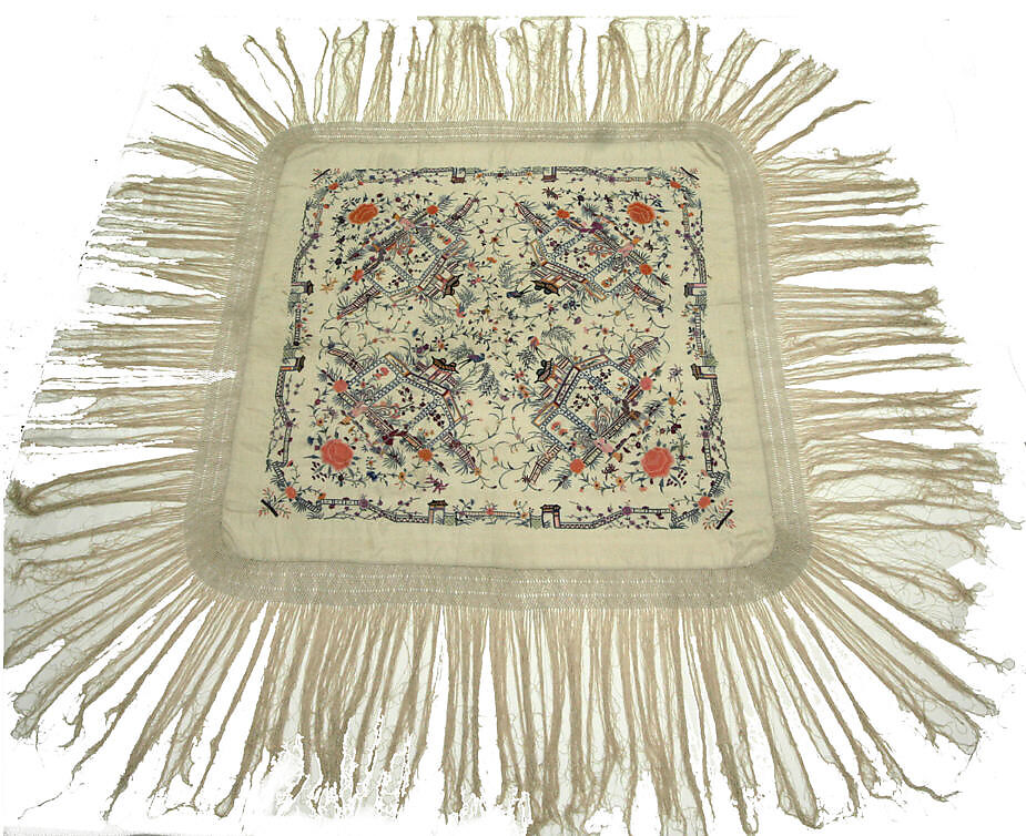 Square Export Shawl Embroidered with Four Scenes, Figures, Pavilions, Flowers and Birds, White silk, China for Western market 