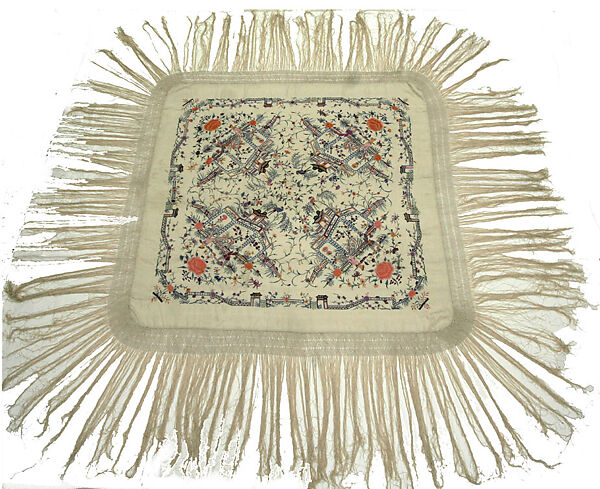 Square Export Shawl Embroidered with Four Scenes, Figures, Pavilions, Flowers and Birds