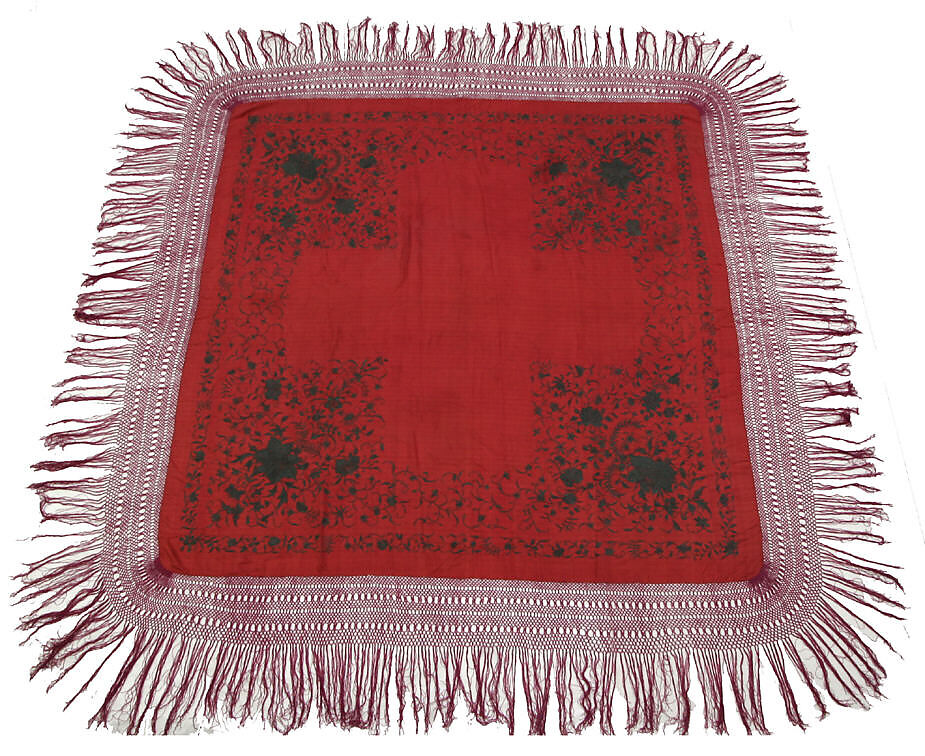 Square Shawl, Salmon pink ground, blue/green floral embroidery, fuchsia pink fringe, China for Western market 